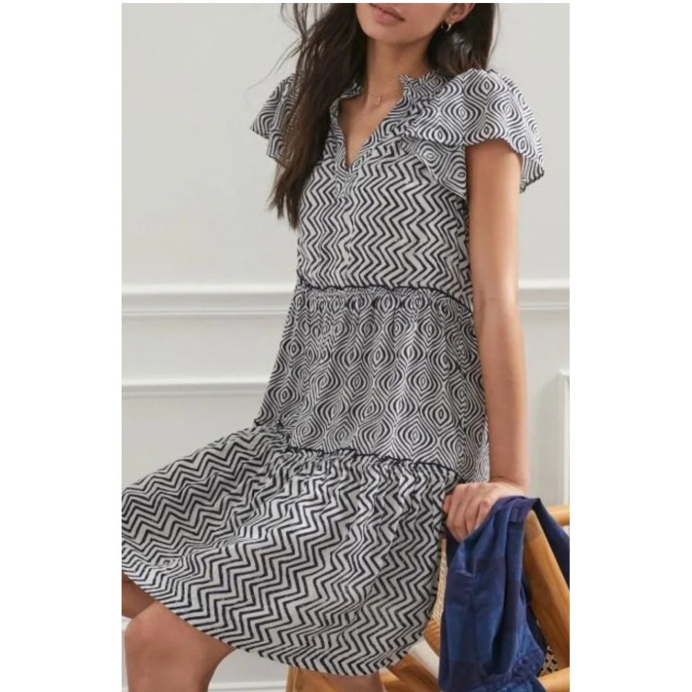 Anthropologie Penrose Tiered Tunic Dress Size S Tiered Flutter Sleeve Mod Coast